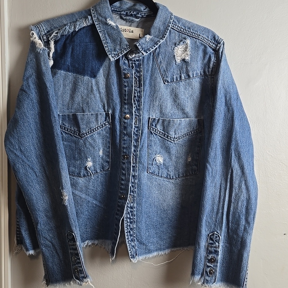 Pistola Distressed Cropped Blue Denim Jacket-Size Large - Picture 4 of 16